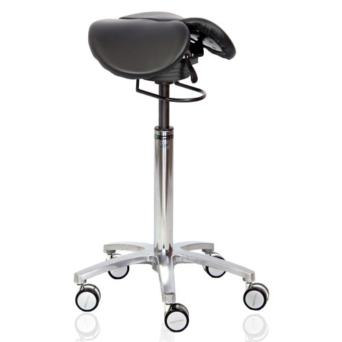 Satulatuoli Bestool Active edestä oikealta, ergonominen kaksiosainen istuin aitoa mustaa nahkaa