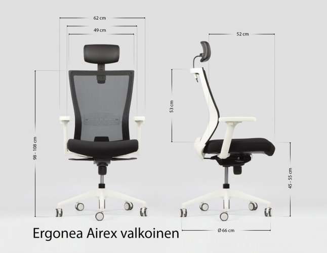 Ergonominen valkoinen työtuoli on keinuva ja edullinen toimistotuoli Ergonea Airex mitat ja hyvä takuu